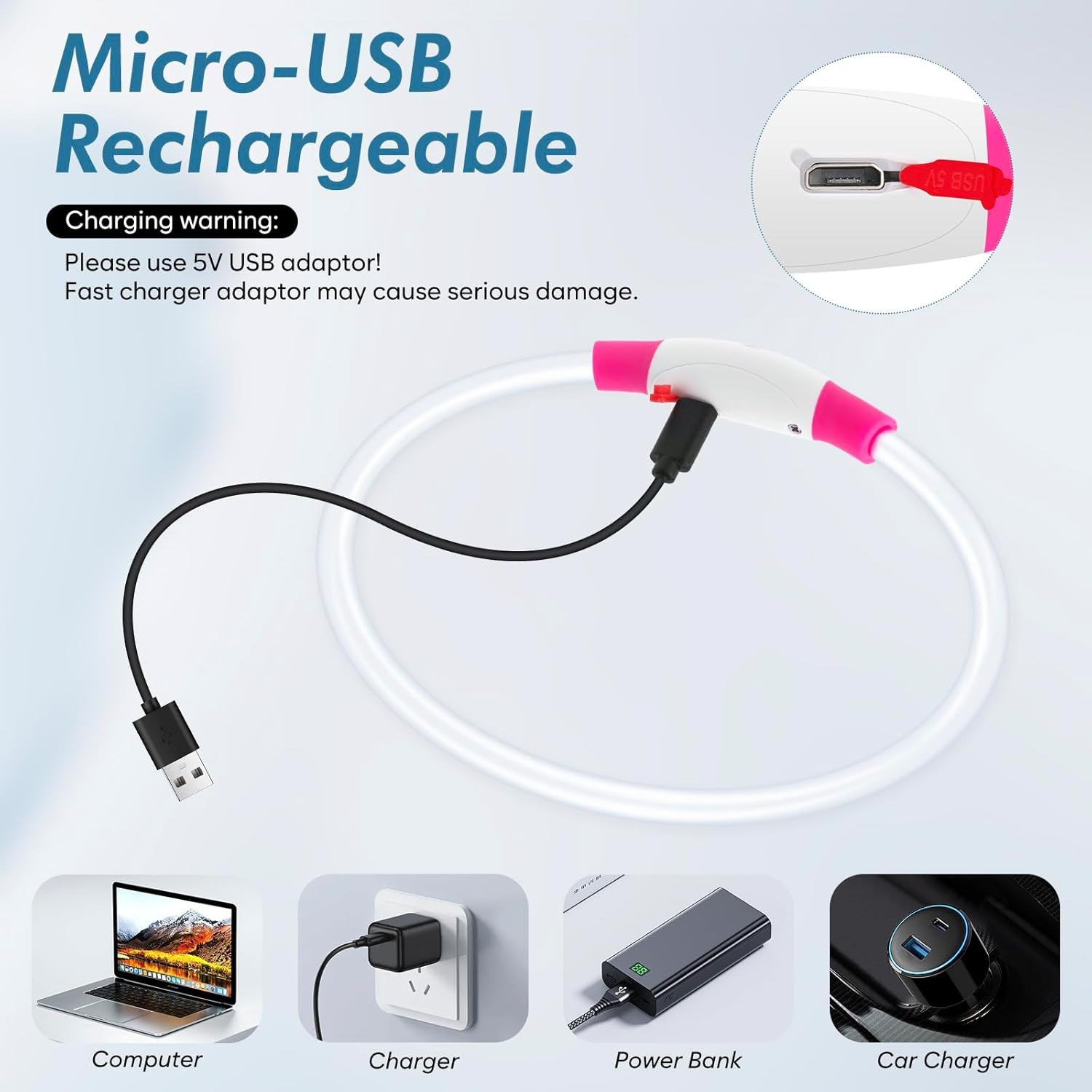 Light up Dog Collar, Rechargeable LED Dog Collar Waterproof Glowing Pet Collar TPU Cuttable Lighted Puppy Collar Safety Dog Lights for Night Walking (Pink 70Cm)